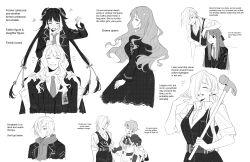 2boys 5girls absurdres anger_vein armor ascot avi_(baltika_seven) bandage_over_one_eye belt black_coat black_hair black_pants black_vest blush cape carrying catherine_(project_moon) closed_eyes coat collared_shirt dongbaek_(project_moon) double_bun english_text flower gauntlets gauze gauze_over_eye golden_bough_(limbus_company) greyscale hair_bun hair_flower hair_ornament hammer highres hood hood_down hoodie id_card jacket jia_xichun_(project_moon) kromer_(project_moon) la_manchaland&#039;s_don_quixote_(project_moon) limbus_company long_hair long_skirt monochrome multiple_boys multiple_girls n_corp._fanatic_(identity)_(project_moon) necktie pants pauldrons piggyback project_moon shirt short_hair shoulder_armor simple_background sinclair_(project_moon) single_pauldron skirt twintails vest wax_seal white_background white_hair white_jacket white_shirt white_streaks yuri_(project_moon)