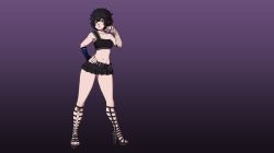Rule 34 | 1girl, absurdres, bags under eyes, belt, black hair, black lagoon, blue eyes, earrings, electrolarynx, female focus, frederica sawyer, goth fashion, hand on own hip, high heels, highres, jewelry, midriff, nail polish, petite, sandcasks, scar, short hair, skirt, solo