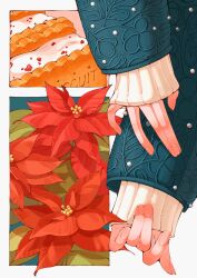 1girl adjusting_clothes beads blue_jacket commentary fingerless_gloves flower food_request gloves highres jacket long_sleeves original out_of_frame outside_border pinching_sleeves plant plant_focus poinsettia simple_background sleeves_past_wrists solo sweater trym_hinano white_background white_sweater