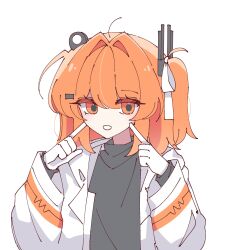 1girl a.i._voice adachi_rei gloves hair_ribbon hands_up highres jacket long_sleeves looking_at_viewer mei_(meiday_mise) one_side_up open_clothes open_jacket orange_eyes orange_hair ribbon simple_background solo upper_body utau white_background white_gloves white_jacket