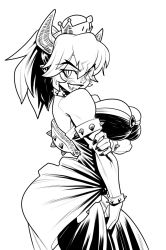 1girl armlet ass bare_shoulders black_dress blush bowsette bracelet breasts cleavage collar dress fang female_focus fingernails grin groove1121 highres horns jewelry large_breasts looking_at_viewer mario_(series) monochrome monster_girl nail_polish new_super_mario_bros._u_deluxe nintendo ponytail sharp_fingernails simple_background slit_pupils smile solo spiked_armlet spiked_bracelet spiked_collar spiked_shell spikes super_crown white_background