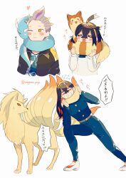 1girl 2boys black_hair blue_jacket blush carmine_(pokemon) clenched_teeth closed_eyes commentary_request crossed_bangs dragonair drayton_(pokemon) extra_tails flying_sweatdrops furret gen_1_pokemon gen_2_pokemon grey_hair hair_between_eyes hairband heart highres jacket kieran_(pokemon) long_sleeves mole mole_under_eye multicolored_hair multiple_boys ninetales nintendo one_eye_closed open_mouth orange_eyes pants pokemon pokemon_(creature) pokemon_sv purple_eyes purple_hair red_eyes red_hair simple_background speech_bubble sweat tail teeth translation_request twitter_username white_background white_jacket woppero_prpr yellow_hairband