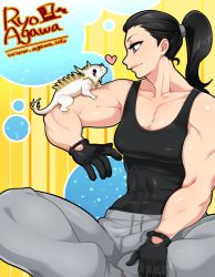 1girl abs agawa_ryou animal animal_on_shoulder artist_name bad_id bad_tumblr_id black_gloves black_hair blue_eyes borrowed_character breasts cleavage creatures_(company) fakemon female_focus game_freak gloves grey_eyes heart lizard long_hair looking_at_another muscular muscular_female nintendo original pants pokemon ponytail sitting skin_tight solo spikes sweatpants tank_top watermark web_address
