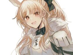 Rule 34 | 1girl, :d, animal ears, arknights, armor, black shirt, blemishine (arknights), blonde hair, collared shirt, commentary, fumi (rdbm), fur trim, halftone, highres, long hair, looking at viewer, open mouth, orange eyes, portrait, shirt, simple background, smile, solo, white background