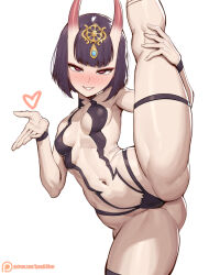 1girl absurdres bob_cut breasts commentary eyeliner fate/grand_order fate_(series) flexible headpiece heart highres horns standing_split leg_lift leg_up looking_at_viewer makeup navel oni purple_eyes purple_hair revealing_clothes short_hair shuten_douji_(fate) skin-covered_horns small_breasts smile solo speedl00ver split standing standing_on_one_leg standing_split thighs white_background