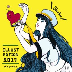 1girl 2017 black_sailor_collar blue_hair eyeshadow hands_up hat heart holding illustration.media long_hair majoccom makeup midriff navel neckerchief original parted_lips planetary_ring sailor_collar shirt short_sleeves simple_background skirt solo star_(symbol) upper_body very_long_hair white_hat white_shirt white_skirt yellow_background yellow_neckerchief