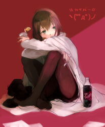 1girl black_shorts brown_hair brown_pantyhose coat commentary_request dr_pepper full_body green_eyes holding holding_spoon makise_kurisu nakahara_(mu_tation) pantyhose pantyhose_under_shorts shoes short_shorts shorts sitting soda_bottle solo spoon steins;gate translation_request unworn_shoes white_coat
