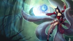 1girl absurdres ahri_(league_of_legends) arms_up black_hair breasts cleavage collarbone dappled_sunlight detached_sleeves dress facial_mark floating foot_out_of_frame forest fox_tail gold_trim highres kienan_lafferty knee_up korean_clothes league_of_legends levitation long_hair magic medium_breasts nature official_art orb parted_lips revision sunlight tail tassel tight_clothes tight_dress tree whisker_markings yellow_eyes
