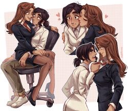 2girls brett_hand brown_hair chair dark-skinned_female dark_skin formal_clothes genderswap genderswap_(mtf) heart highres holding_necktie inside_job kiss kissing_cheek lab_coat long_hair miniskirt multiple_girls necktie office_chair on_chair pantyhose reagan_ridley red_hair red_necktie sadelionne sitting sitting_on_lap sitting_on_person skirt suit swivel_chair yuri