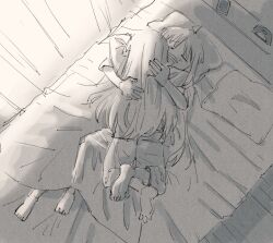 Rule 34 | 2girls, ahoge, barefoot, bedroom, blush, bocchi the rock!, closed eyes, commentary, cuddling, d3g takahashi, from above, gotoh hitori, greyscale, hug, ijichi nijika, long hair, monochrome, multiple girls, on bed, open mouth, pillow, smile, toes, under covers, yuri