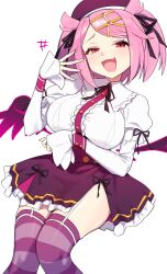 +++ 1girl absurdres amato_tenshi arm_under_breasts beret black_ribbon breasts center_frills commentary commission english_commentary fang fingernails frilled_shirt frills garter_straps hair_ribbon hat highres large_breasts long_sleeves looking_at_viewer mahjong_fight_girl medium_hair neck_ribbon open_mouth pink_eyes pink_hair pink_wings purple_hat purple_skirt purple_thighhighs ribbon shirt simple_background skirt sleeves_past_wrists smile solo striped_clothes striped_thighhighs syhan thighhighs thighs white_background white_garter_straps white_shirt wings