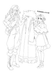 Rule 34 | 2girls, absurdres, ankle ribbon, bag, boots, braid, braided bangs, chinese text, cloak, coat, collared shirt, dress, full body, fur-trimmed boots, fur-trimmed coat, fur trim, greyscale, hair over one eye, highres, holding, holding unworn clothes, kiperina, leg ribbon, lineart, long hair, low ponytail, medium dress, monochrome, multiple girls, necktie, one eye covered, pants, ponytail, reverse:1999, ribbon, rokilly, shirt, shoulder bag, standing, teacher and student, translation request, white background, windsong (reverse:1999)