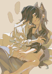 Rule 34 | 2girls, animal ear fluff, black hair, black shirt, blank speech bubble, bottomless, brown background, brown hair, chinese commentary, commentary request, commission, earrings, hand on another&#039;s arm, hand on another&#039;s shoulder, hand on another&#039;s thigh, hand on another&#039;s waist, highres, jewelry, kiss, lanserongjie, long hair, medium hair, miyagi shiori, multiple girls, second-party source, sendai hazuki, shirt, shuuniichido classmate wo kau hanashi, simple background, sitting, sitting on lap, sitting on person, speech bubble, stud earrings, tongue, tongue out, white shirt, yuri