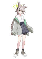 1girl absurdres ahoge alternate_costume animal_ears black_shorts black_socks blue_archive blue_skirt braid braided_ponytail brown_hair fox_ears fox_girl green_eyes green_jacket green_shirt grey_shoes hair_between_eyes highres jacket long_hair looking_at_viewer nammmmer open_mouth otogi_(blue_archive) plaid_clothes plaid_skirt shirt shoes shorts shorts_under_skirt sidelocks skirt sleeves_past_fingers sleeves_past_wrists socks solo white_shirt