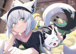 1girl ahoge animal_ear_fluff animal_ears aqua_eyes arm_support bed_sheet bedroom black_headband black_panties black_shirt blush blush_stickers commentary_request corn doyagao drooling facing_viewer fox_ears fox_girl fox_tail hand_on_own_cheek hand_on_own_face headband hololive light_particles looking_at_viewer loungewear lying miteiru_(shirakami_fubuki) mouth_drool nejima_kitsune_(shirakami_fubuki) on_bed on_stomach open_mouth panties pawpads pillow ponytail shirakami_fubuki shirakami_fubuki_(loungewear) shirt sidelocks single_off_shoulder smile smirk smug sukonbu_(shirakami_fubuki) tail tail_raised tokumaro underwear virtual_youtuber white_hair