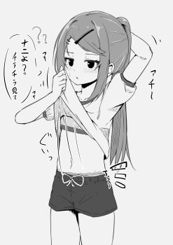 Rule 34 | 1girl, absurdres, arm behind head, arm up, blush, clothes lift, commentary request, cowboy shot, grey background, greyscale, gym shirt, gym shorts, gym uniform, hair ornament, hairclip, highres, lifting own clothes, long hair, looking at viewer, monochrome, motion lines, navel, notice lines, original, panties under shorts, parted lips, ponytail, puffy short sleeves, puffy sleeves, shirt, shirt lift, short sleeves, shorts, simple background, solo, speed lines, standing, sweat, swept bangs, takasuma hiro, very long hair