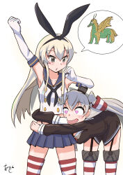 2girls akashieru amatsukaze_(kancolle) anchor_hair_ornament arm_up armpits bare_shoulders black_eyes black_hairband black_neckerchief black_panties black_shirt blonde_hair blue_neckerchief blue_sailor_collar blue_skirt blush breasts brown_dress buttons collarbone creature crop_top dress elbow_gloves female_focus female_pervert garter_straps gloves grey_eyes grey_hair hair_ornament hair_tubes hairband hat heart heart-shaped_eyes highleg highleg_panties highres hug kantai_collection leaning_forward long_hair long_sleeves looking_at_another looking_at_viewer looking_down medium_breasts microskirt midriff miniskirt multiple_girls neckerchief one-hour_drawing_challenge open_mouth panties panty_straps pervert pleated_skirt red_neckerchief sailor_collar sailor_dress school_uniform serafuku shimakaze_(kancolle) shirt short_dress simple_background single_glove skirt sleeveless sleeveless_shirt small_breasts smile smokestack_hair_ornament speech_bubble standing striped_clothes striped_thighhighs tareme thighhighs tsurime two_side_up underwear watermark white_background white_gloves white_sailor_collar white_shirt yuri zettai_ryouiki