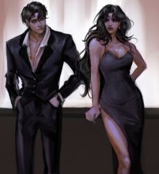 1boy 1girl black_eyes black_suit breasts cleavage clenched_hand collared_shirt curtained_hair dress dual_persona earrings feet_out_of_frame formal_clothes genderswap genderswap_(mtf) gloves hand_on_own_hip hands_in_pockets highleg highleg_dress highres jewelry lipstick long_hair looking_at_another macaronijail makeup multiple_views omniscient_reader&#039;s_viewpoint partially_unbuttoned pectoral_cleavage pectorals shirt short_hair side-eyed spaghetti_strap suit tassel tassel_earrings walking wavy_hair white_gloves white_shirt yoo_joonghyuk