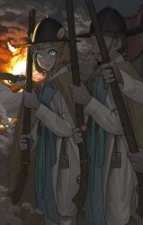 1boy 1girl antique_firearm battle beard blonde_hair cloak facial_hair firearm firelock green_eyes gun helmet highres holding holding_gun holding_weapon joseon_dynasty korea matchlock military original pzkpfwi rifle robe smoke solo_focus war weapon white_robe wide-eyed