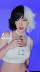 1girl animated breasts choker cosplay crop_top dancing hello_kitty heterochromia indoors luna_snow marvel marvel_rivals multicolored_eyes multicolored_hair music navel pajamas pink_pajamas real_life sanrio shirt solo tagme tank_top tiktok video white_shirt
