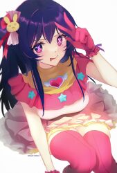 closed_mouth commentary dress english_commentary from_above gloves highres hoshino_ai idol kana_yukino long_hair looking_at_viewer multicolored_hair oshi_no_ko pink_dress pink_gloves pink_hair pink_thighhighs purple_eyes purple_hair side_ponytail sidelocks sitting smile solo star-shaped_pupils star_(symbol) streaked_hair symbol-shaped_pupils thighhighs tongue tongue_out