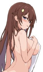 Rule 34 | 0th generation (hololive), 1girl, :p, armpit crease, back, bare arms, bare back, bare shoulders, blue eyes, blush, breasts, brown hair, cowboy shot, diamond hair ornament, from side, hair between eyes, hair flaps, hair ornament, hair over shoulder, hairclip, holding, holding towel, hololive, large breasts, long hair, looking at viewer, looking back, shiny skin, sideboob, solo, stomach, sweat, sweatdrop, tokino sora, tongue, tongue out, towel, virtual youtuber, white background, zou eita