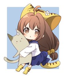 1girl ahoge animal_hat blue_sailor_collar blush border brown_eyes brown_hair cat_hat cat_tail chibi di_gi_charat hat hokke_mirin hug long_hair looking_at_viewer open_mouth oumi_neneha puchiko sailor_collar shirt solo tail white_border white_shirt