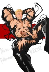 1boy abs absurdres akunaakun_(kunkun586586) armpits arms_behind_head arms_up artist_name bara beard_stubble blonde_hair blue_eyes closed_mouth commentary completely_nude eddie_brock english_commentary erection facial_hair highres looking_at_viewer male_focus marvel muscular muscular_male nipples nude pectorals penis smile stubble symbiote testicles venom_(marvel)