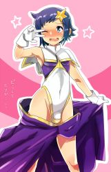 1boy blue_eyes blue_hair blush bulge cosplay crossdressing gloves gundam gundam_build_fighters gundam_seed hair_ornament housengo iori_sei leotard male_focus meer_campbell meer_campbell_(cosplay) one_eye_closed open_mouth smile solo sweatdrop trap v wavy_mouth white_leotard