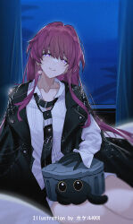 1girl alternate_hair_length alternate_hairstyle artist_name black_gloves black_jacket black_necktie collarbone commentary_request critter_pick_(honkai:_star_rail) earrings film_grain gloves highres honkai:_star_rail honkai_(series) indoors jacket jewelry kafka_(honkai:_star_rail) long_hair looking_at_viewer necktie night parted_lips partial_commentary purple_eyes purple_hair shirt sitting solo srpzk trailblazer_(honkai:_star_rail) trailblazer_(trash_cake)_(honkai:_star_rail) white_shirt