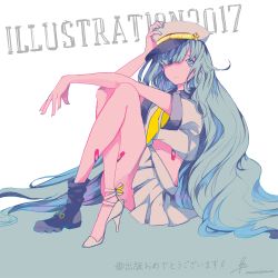 1girl 2017 aqua_hair arm_up asymmetrical_footwear bandaid bandaid_on_leg black_boots boots hair_over_one_eye hand_on_headwear high_heels illustration.media knees_up long_hair midriff nanakawa_(nanasoon) original pleated_skirt shirt short_sleeves skirt solo uneven_footwear very_long_hair white_boots white_headwear white_shirt white_skirt