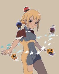 1girl blonde_hair blush bodysuit braid brown_eyes closed_mouth final_fantasy final_fantasy_xii highres long_hair looking_at_viewer mandragora_(final_fantasy) monster penelo simple_background siotomato smile solo star_(symbol) twin_braids twintails