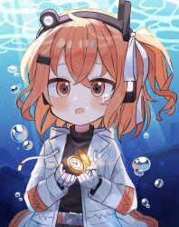 1girl a.i._voice adachi_rei air_bubble belt big_head black_shirt blush bubble day flat_chest gloves hair_ribbon headlamp highres holding holding_pocket_watch jacket long_sleeves looking_at_viewer open_clothes open_jacket orange_belt orange_eyes orange_hair pocket_watch radio_antenna ribbon shirt side_ponytail solo sunlight underwater utau watch white_gloves white_jacket white_ribbon ysaster02