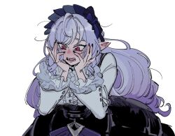 1girl black_nails blue_hairband blush center_frills dress facing_viewer fangs frills hairband hands_on_own_face long_hair long_sleeves mole mole_under_eye offnanoda open_mouth pointy_ears purple_hair red_eyes simple_background solo upper_body vivian_banshee white_background zenless_zone_zero