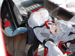 1girl armband black_armband black_eyes black_gloves black_horns black_pants breasts button_gap chest_harness commentary_request curled_horns gloves grey_hair harness horns indoors large_breasts leaning_back long_hair multicolored_eyes necktie on_chair pants red_eyes red_necktie scottie_(phantom2) shirt shirt_tucked_in solo two-tone_eyes white_shirt wuthering_waves zani_(wuthering_waves)