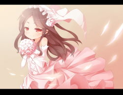 1girl bare_shoulders blush bouquet brown_eyes brown_hair dress female_focus flower inazuma_eleven inazuma_eleven_(series) inazuma_eleven_go letterboxed long_hair raimon_natsumi saru smile solo tears wedding_dress