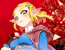 1girl black_gloves blonde_hair braid breasts chichi_band closed_mouth crown_braid female_focus fingerless_gloves fingernails gloves green_eyes hair_ornament hairclip hand_up medium_breasts nintendo pointy_ears princess_zelda red_background short_hair solo the_legend_of_zelda the_legend_of_zelda:_breath_of_the_wild the_legend_of_zelda:_tears_of_the_kingdom thick_eyebrows turtleneck
