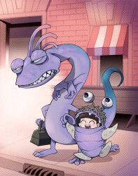 1boy 1girl absurdres boo_(monsters_inc.) colored_skin extra_legs full_body furry furry_male green_eyes highres ikuchi_osutega lizard_tail looking_at_viewer male_focus monster monsters_inc. open_mouth purple_skin randall_boggs reptile_boy sharp_teeth slit_pupils smile solo tail teeth