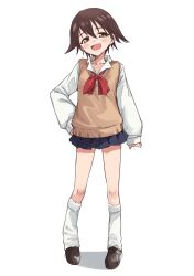 1girl alternate_costume blue_sky blush brown_eyes brown_hair full_body highres looking_at_viewer miyafuji_yoshika momendoufu open_mouth red_sailor_collar sailor_collar school_uniform shirt shoes short_hair simple_background skirt sky socks standing strike_witches sweater white_background white_shirt white_socks world_witches_series