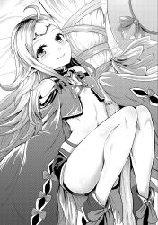 1girl absurdres bad_id bad_pixiv_id broom circlet closed_mouth female_focus fire_emblem fire_emblem_awakening fire_emblem_heroes greyscale highres holding long_hair long_sleeves lying monochrome nintendo nowi_(eternal_witch)_(fire_emblem) nowi_(fire_emblem) official_alternate_costume on_back pointy_ears short_shorts shorts sleeves_past_fingers sleeves_past_wrists solo witch yyillust