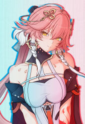 1girl bare_shoulders braid breasts changli_(wuthering_waves) cleavage closed_mouth dress hair_between_eyes hair_ornament highres jacket large_breasts looking_at_viewer multicolored_hair pink_hair smile solo tacet_mark_(wuthering_waves) white_hair wuthering_waves yellow_eyes yian