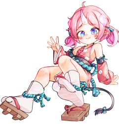 1girl blue_eyes blush chaosexceed closed_mouth commentary detached_sleeves dress full_body highres horns looking_at_viewer original paid_reward_available pink_dress pink_hair pointy_ears simple_background single_horn socks soles solo tabi tail toes twintails white_background white_socks