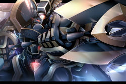 alphamon alphamon_ouryuken armor commentary_request digimon digimon_(creature) feathered_wings full_armor glowing holding holding_weapon horns letterboxed no_humans pikkar red_eyes shoulder_armor solo weapon wings
