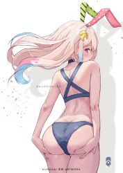 Rule 34 | 1girl, absurdres, airani iofifteen, alternate costume, animal ears, artist name, ass, ass lift, bikini, blue bikini, blue hair, butt crack, colored inner hair, commentary, cowboy shot, criss-cross back-straps, deep skin, english commentary, fake animal ears, from behind, gradient hair, hair ornament, highres, hololive, hololive indonesia, kurodai (kurodai556), long hair, looking at viewer, looking back, multicolored hair, palette hair ornament, pink hair, purple eyes, rabbit ears, shadow, sidelocks, solo, swimsuit, virtual youtuber, white background
