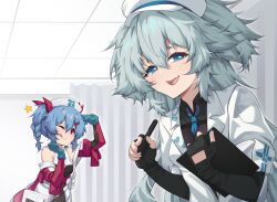 2girls ;q act_(xadachit) black_gloves black_shirt blue_eyes blue_gloves blue_hair blue_necktie braid clipboard coat collared_shirt colphne_(girls&#039;_frontline_2) colphne_(silent_heart)_(girls&#039;_frontline_2) commentary florence_(girls&#039;_frontline_2) girls&#039;_frontline girls&#039;_frontline_2:_exilium gloves grey_hair hat highres holding holding_clipboard holding_pen looking_at_viewer multiple_girls necktie nurse_cap official_alternate_costume one_eye_closed open_mouth pa-15_(girls&#039;_frontline) partially_fingerless_gloves pen red_eyes shirt star_(symbol) tongue tongue_out two_side_up white_coat white_hat