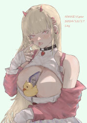 Rule 34 | 1girl, 2226327343, absurdres, bare shoulders, blonde hair, blush, breasts, brown hair, cleavage, collar, goddess of victory: nikke, hair ornament, highres, holding, horns, large breasts, long hair, looking at viewer, mole, mole under eye, open mouth, pantyhose, pink eyes, red eyes, skirt, smile, solo, viper (nikke)