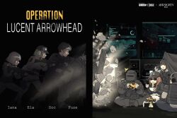4boys 4girls absurdres arknights ash_(rainbow_six_siege) assault_rifle baseball_cap blitz_(rainbow_six_siege) bowl breaking_through_wall character_name commission copyright_name crossed_legs doc_(rainbow_six_siege) eating ela_(rainbow_six_siege) finger_on_trigger food frost_(rainbow_six_siege) fuze_(rainbow_six_siege) gimme2000 goggles goggles_on_headwear gun handgun hat helmet highres holding holding_gun holding_shield holding_weapon iana_(rainbow_six_siege) indian_style knit_hat logo monitor multiple_boys multiple_girls noodles rainbow_six_siege ramen revolver rifle riot_shield shield sitting surprised tachanka_(rainbow_six_siege) tent visor_(armor) weapon