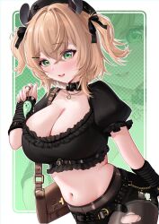 Rule 34 | 1girl, animal ears, bag, belt, belt collar, black belt, black collar, black hat, black ribbon, black shirt, black shorts, breasts, brown bag, brown hair, chain, cleavage, collar, crop top, cropped shirt, eyelashes, gold chain, green eyes, hair between eyes, hair ornament, hair ribbon, hairclip, handbag, hat, highres, indie virtual youtuber, jewelry, large breasts, navel, necklace, nimi nightmare, nurse cap, open mouth, pantyhose, ribbon, shirt, short hair, short shorts, shorts, solo, stomach, tapir ears, tapir girl, teeth, torn clothes, torn pantyhose, two side up, upper teeth only, velvet noir, virtual youtuber