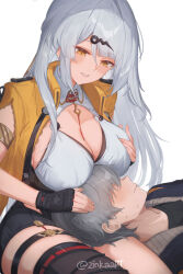 1boy 1girl belt black_gloves black_thighhighs blue_jacket blush breasts clenched_teeth commentary fingerless_gloves gloves grabbing_own_breast grey_belt grey_hair hair_ornament hairclip high-waist_shorts jacket lap_pillow large_breasts long_hair mole mole_on_chest shorts simple_background single_thighhigh sweatdrop teeth thighhighs twitter_username white_background wise_(zenless_zone_zero) yellow_eyes yellow_jacket yi_xuan_(zenless_zone_zero) yin_yang_pin zenless_zone_zero zinkaa