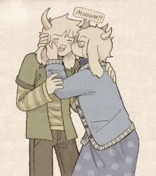 1boy 1girl animal_ears arm_around_shoulder asriel_dreemurr blue_cardigan blue_skirt blush_stickers brown_pants canvas_(medium) cardigan closed_eyes colored_pencil_(medium) commentary cowboy_shot deltarune english_commentary furry furry_female furry_male glasses goat_boy goat_ears goat_girl goat_horns graphite_(medium) green_jacket hand_on_another&#039;s_cheek hand_on_another&#039;s_face highres horns jacket kiss kissing_cheek mother_and_son pants polka_dot polka_dot_skirt puffy_cheeks shirt skirt speech_bubble striped_clothes striped_shirt szivarvanyturmix02 toriel traditional_media white_fur